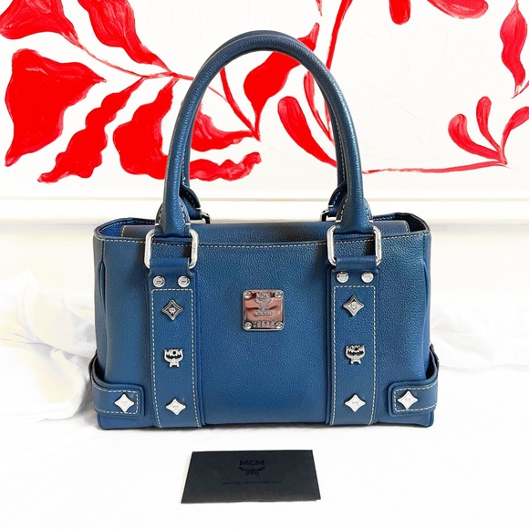 MCM Handbags - MCM Navy Blue Leather Boston Handbag Small Silver Hardware COA